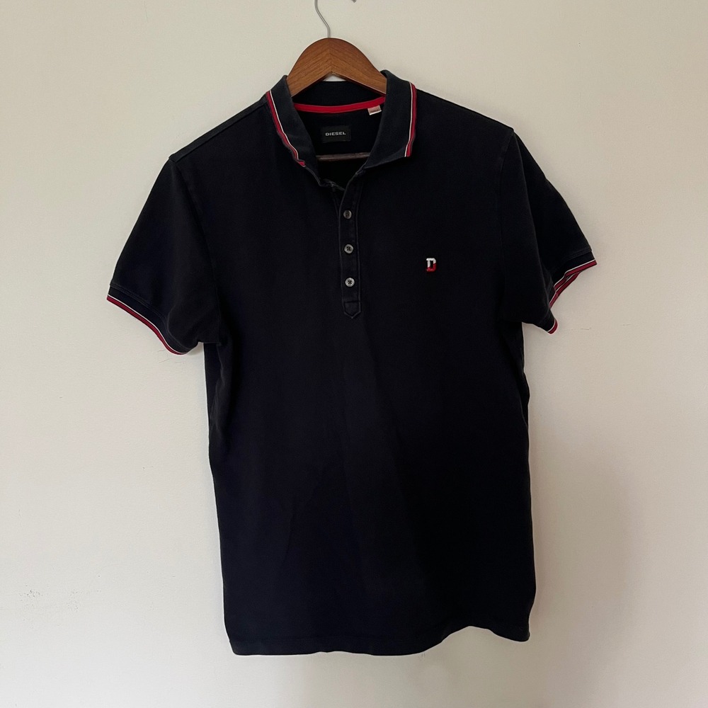 Diesel Mens Black Polo Shirt Short Sleeve Tipped Collar Logo Size Small